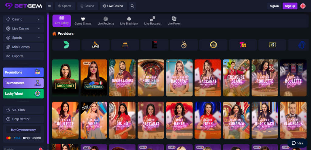 Explore BetGem Casino live page