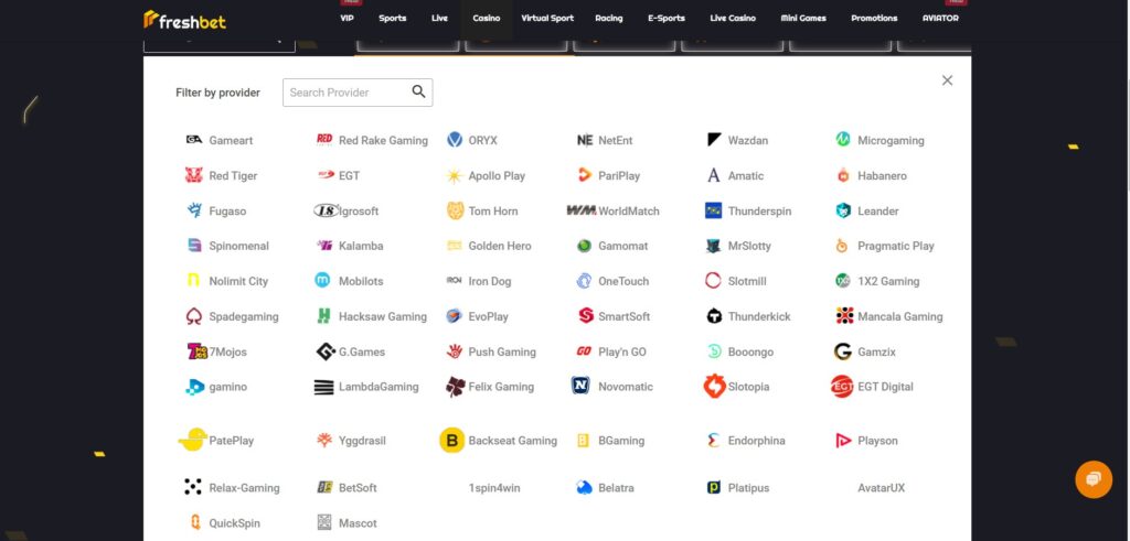 FreshBet Casino Providers Page
