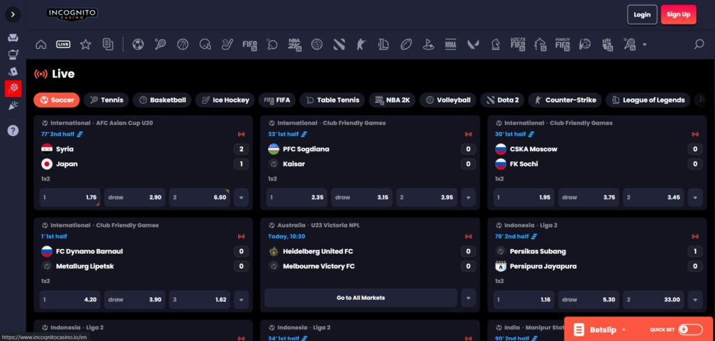 Explore Incognito Casino live sport page