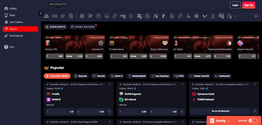 Learn about Incognito Casino sport page