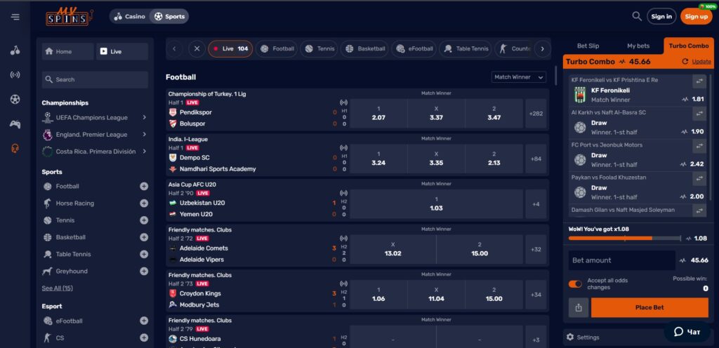 Explore MySpins Casino live sport page