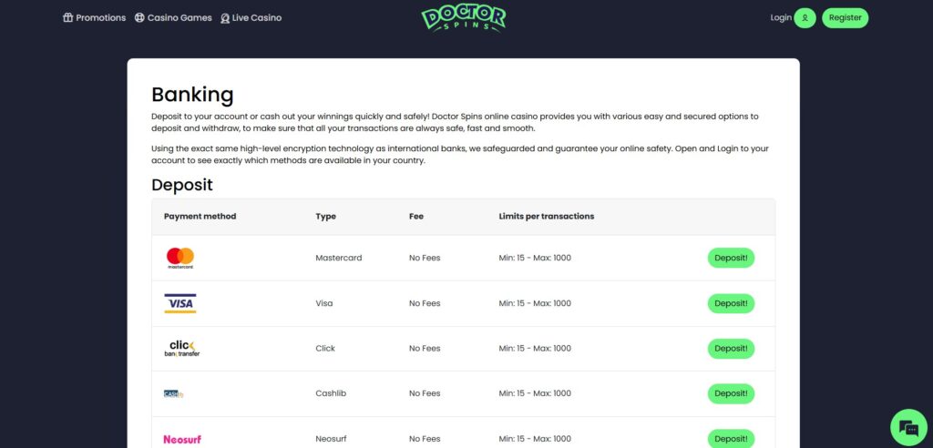 Explore Doctor Spins Casino payments page
