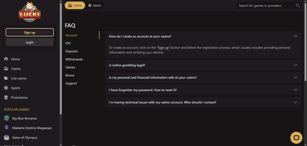 Explore LuckiCasino FAQ section