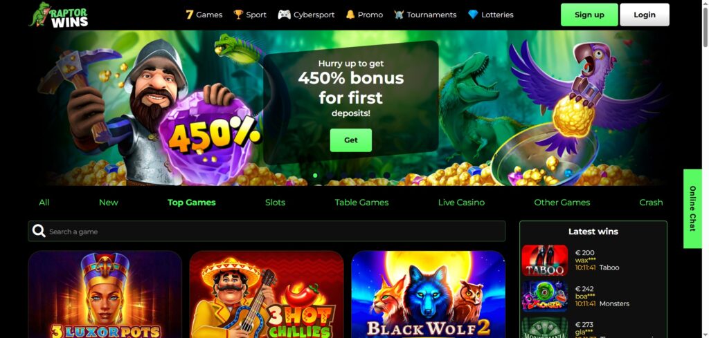 Explore Raptor Wins Casino homepage