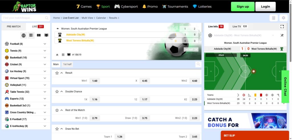 Explore Raptor Wins Casino live sport page