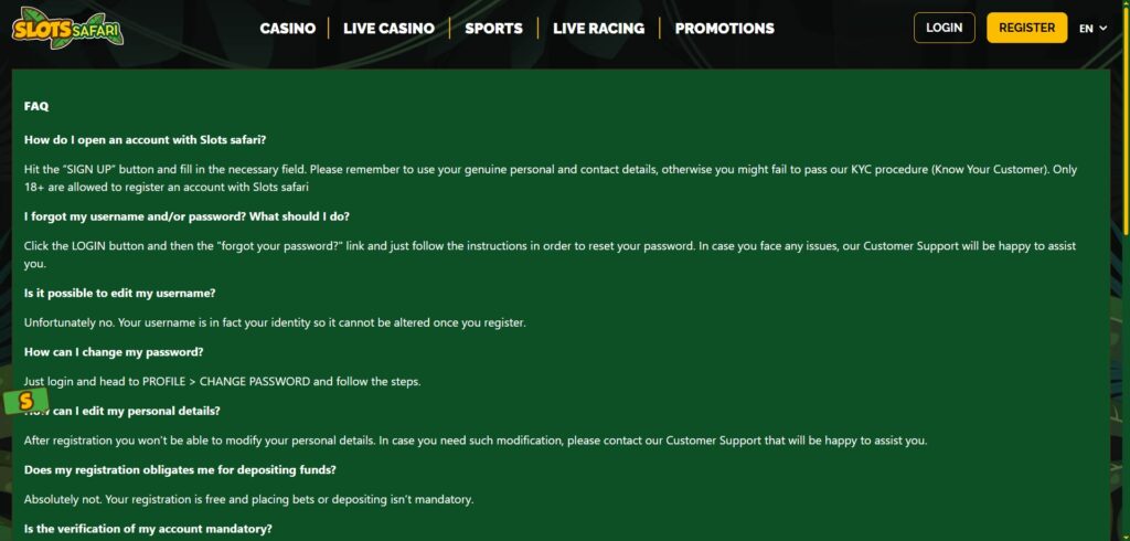 Slots Safari FAQ Page
