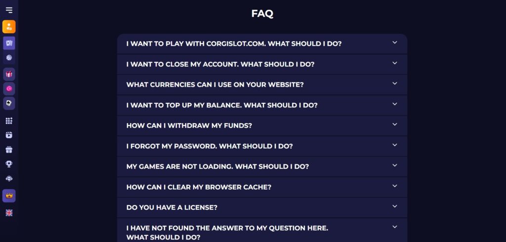 CorgiSlot Casino FAQ Page