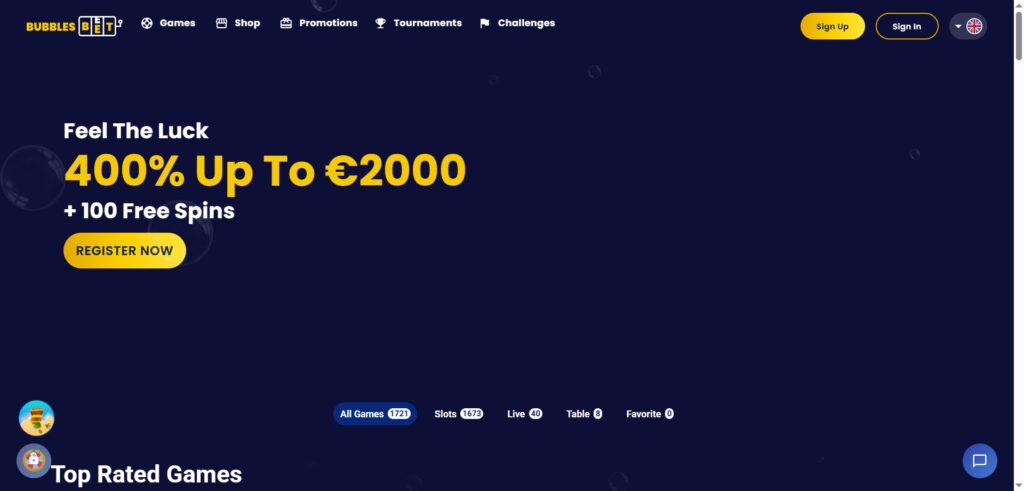 Bubbles Bet Casino Home Page