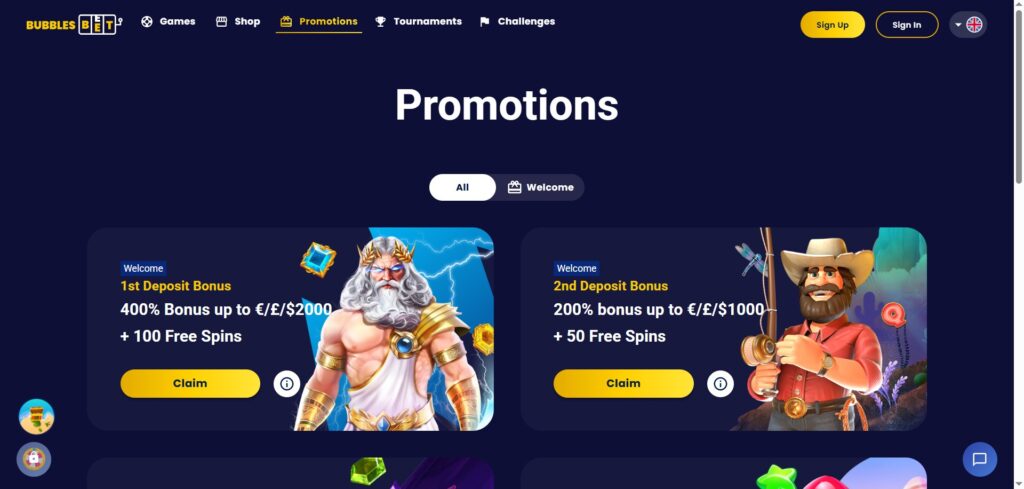 Bubbles Bet Casino Promotions Page