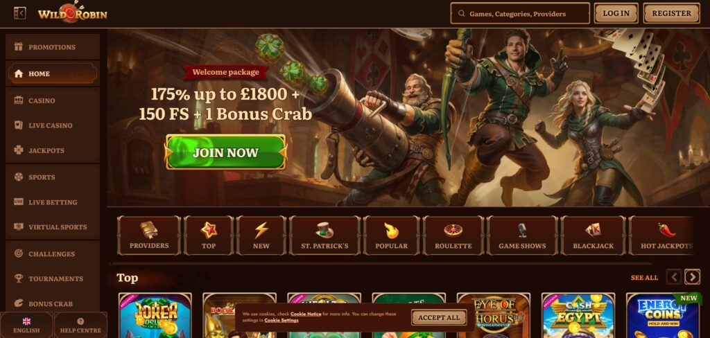 Explore Wild Robin Casino homepage