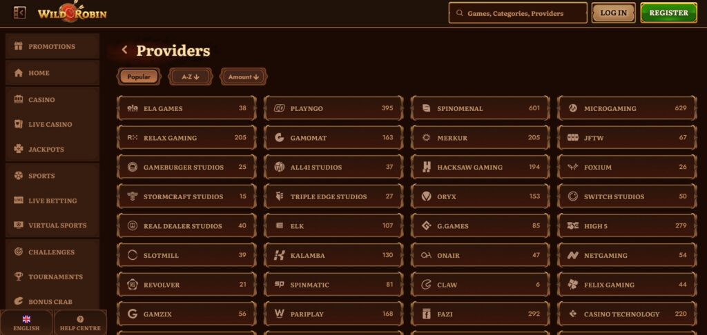 Explore Wild Robin Casino providers