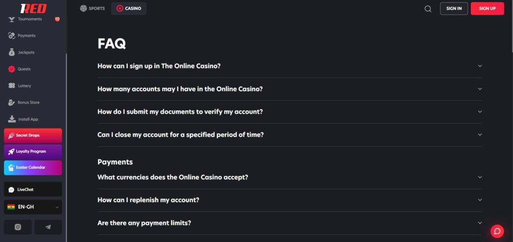 Explore faq section at 1Red casino
