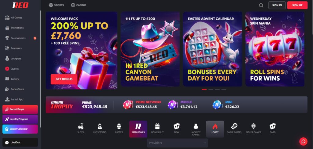 Explore 1Red casino home page