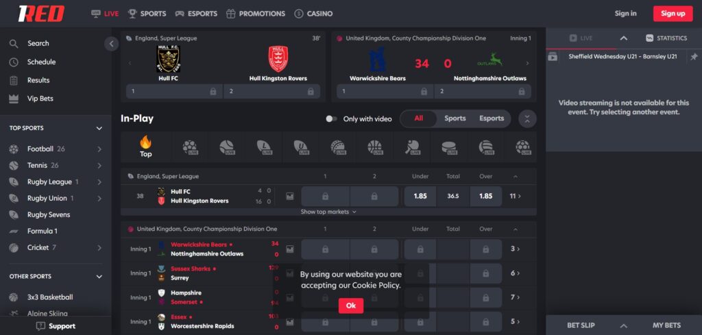 Explore live sport bets at 1Red casino
