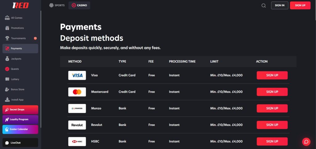 Explore how to deposit and withdraw on 1Red casino