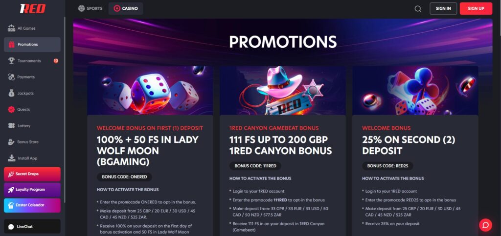Explore promotions and deals of 1Red casino