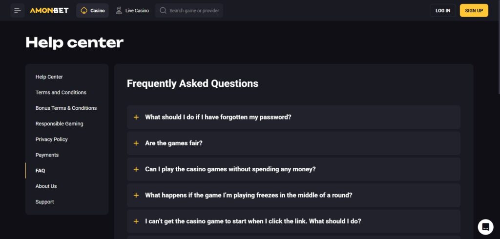Faq section at Amonbet Casino
