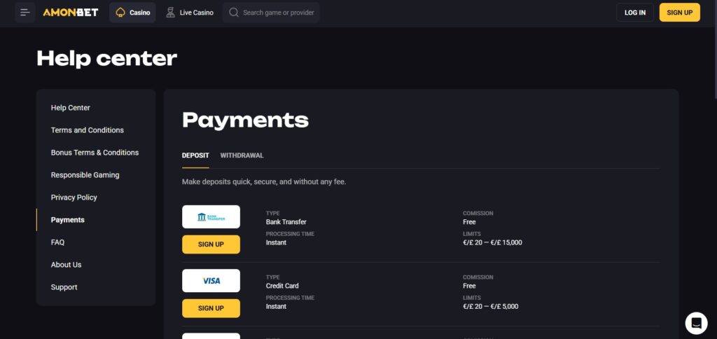 Discover Amonbet Casino payment methods
