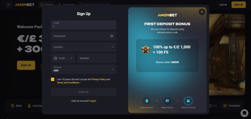 Sign up modal at Amonbet Casino