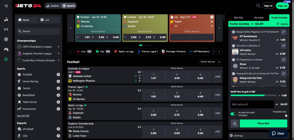 Explore Bets24 Casino sports page