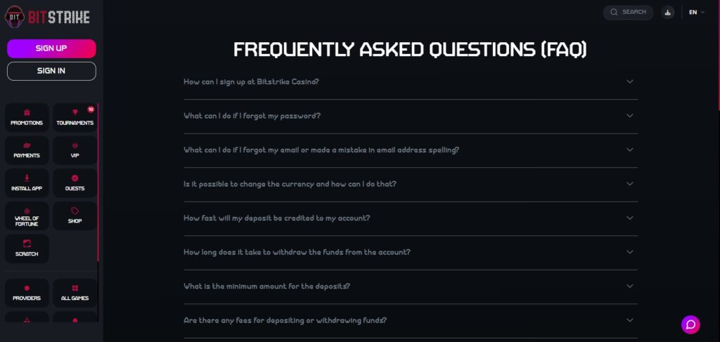 Explore faq page at Bitstrike Casino