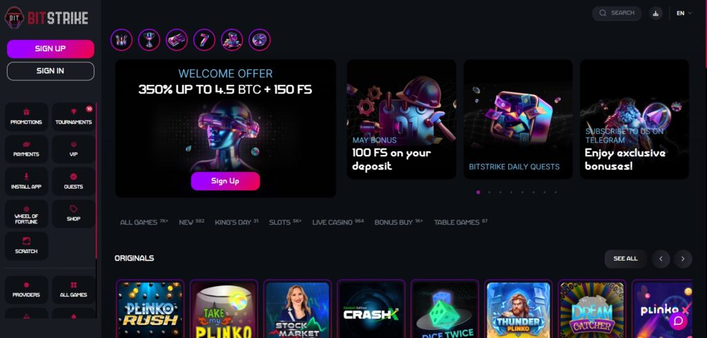 Explore home page at Bitstrike Casino