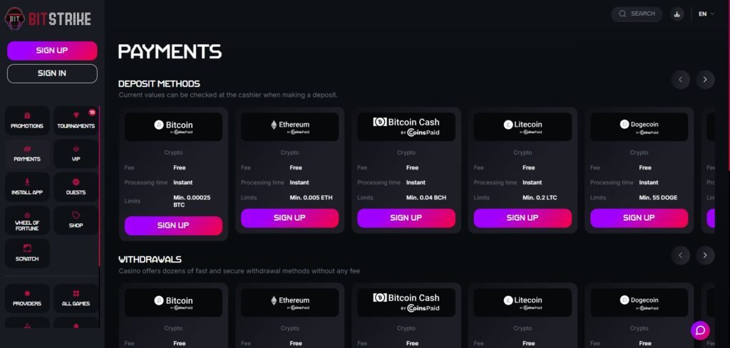 Explore payments page at Bitstrike Casino