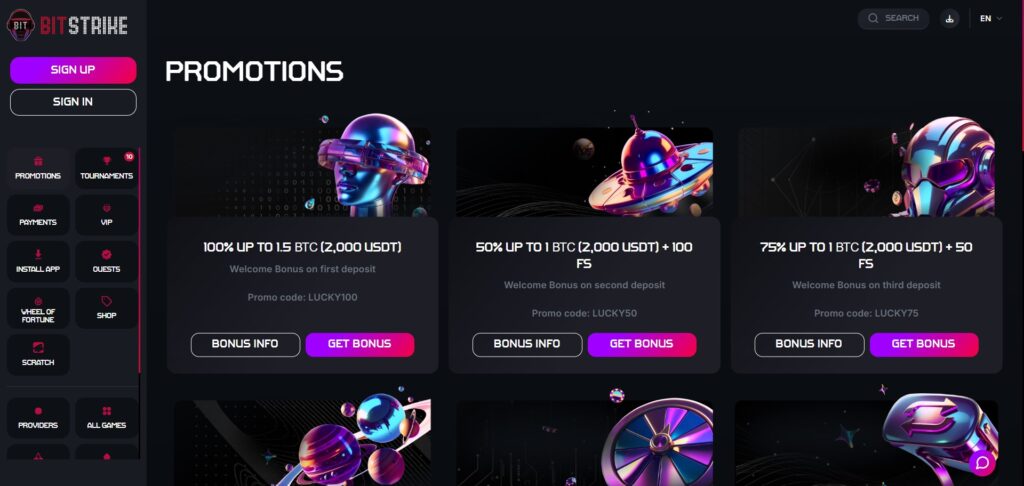 Explore promotions page at Bitstrike Casino