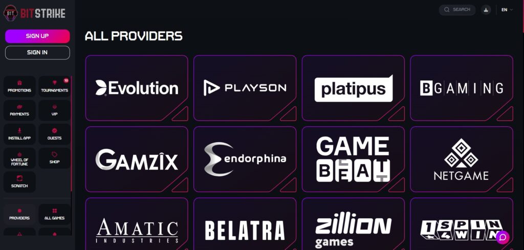 Explore providers page at Bitstrike Casino
