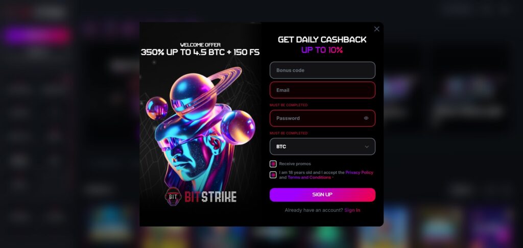 Explore sign up modal at Bitstrike Casino