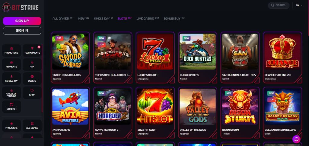Explore slots page at Bitstrike Casino