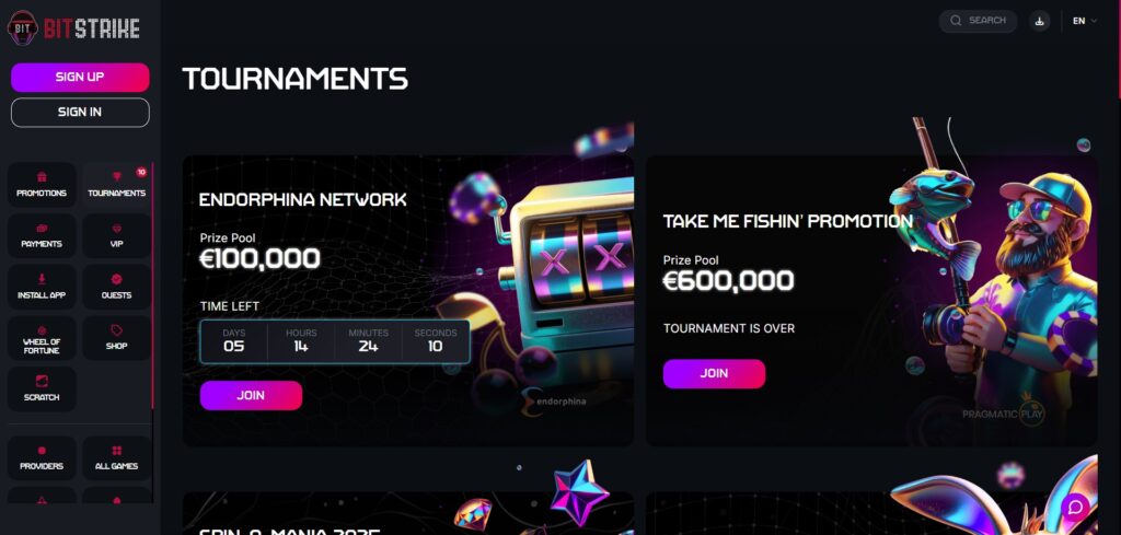 Explore tournaments page at Bitstrike Casino
