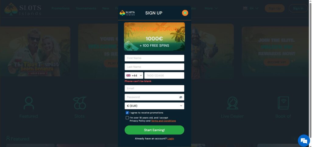 Check out the Slots Islands casino sign up modal