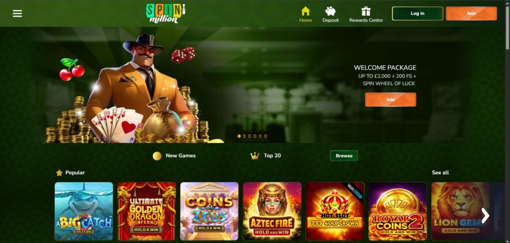 Explore home page at Spin Million Casino