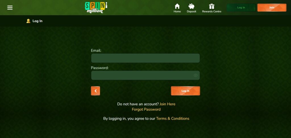 Explore log in page at Spin Million Casino