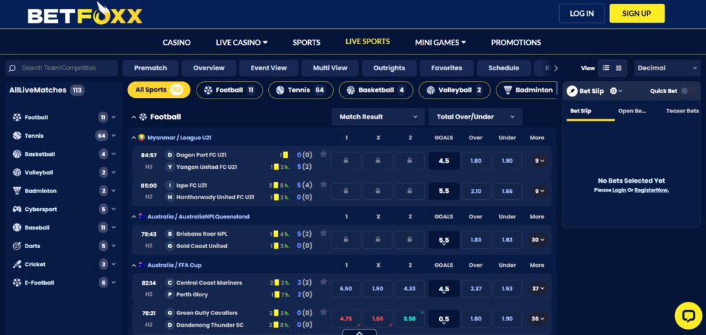 Check out the BetFoxx casino live sports page