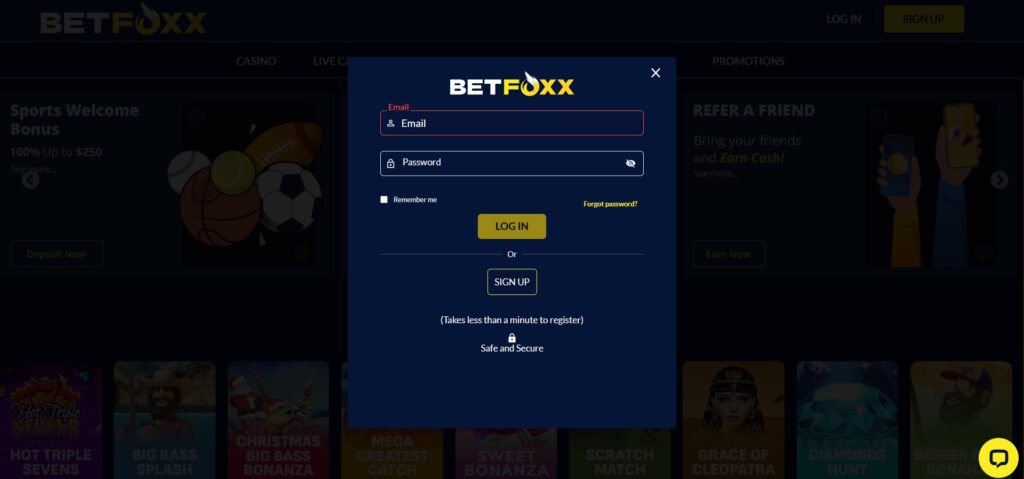 Check out the BetFoxx casino log in modal