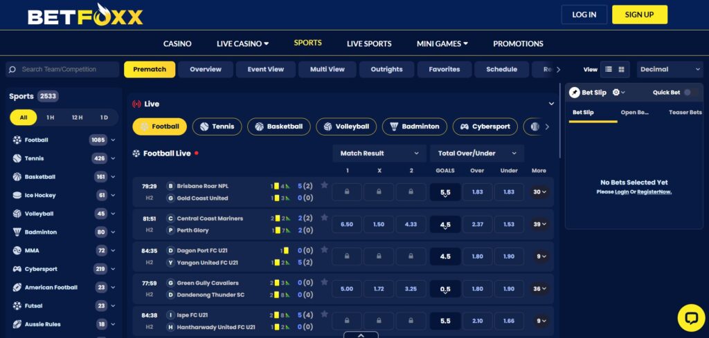 Check out the BetFoxx casino sports page