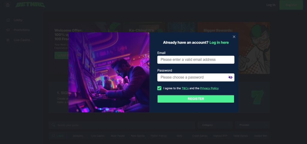 Check out the BetMac casino register page