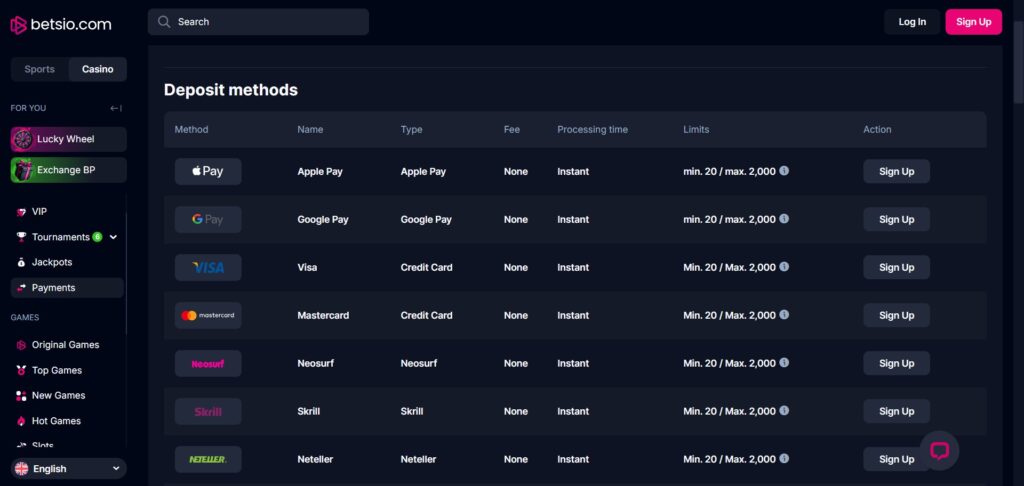 Explore Bets.io Casino payments page