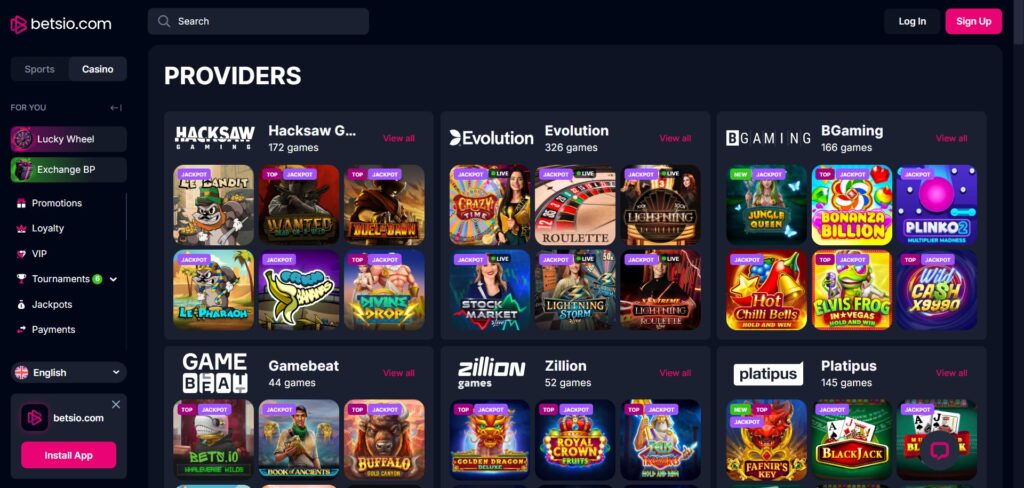 Explore Bets.io Casino providers page