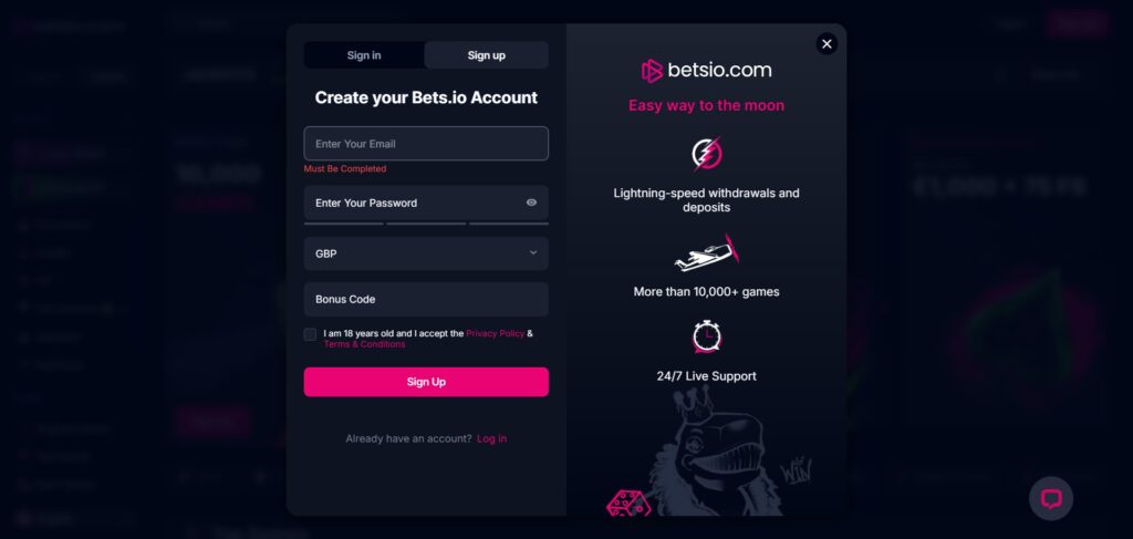 Explore Bets.io Casino sign up modal