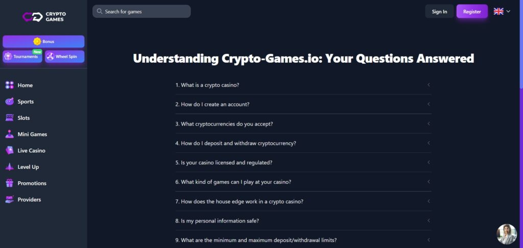 Check out the Crypto-Games Casino FAQ page