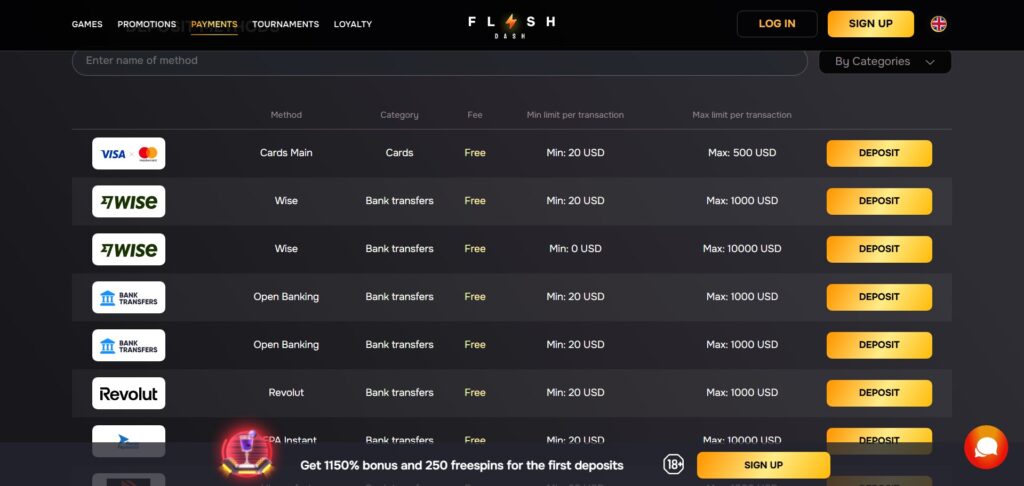 Explore FlashDash Casino payments page