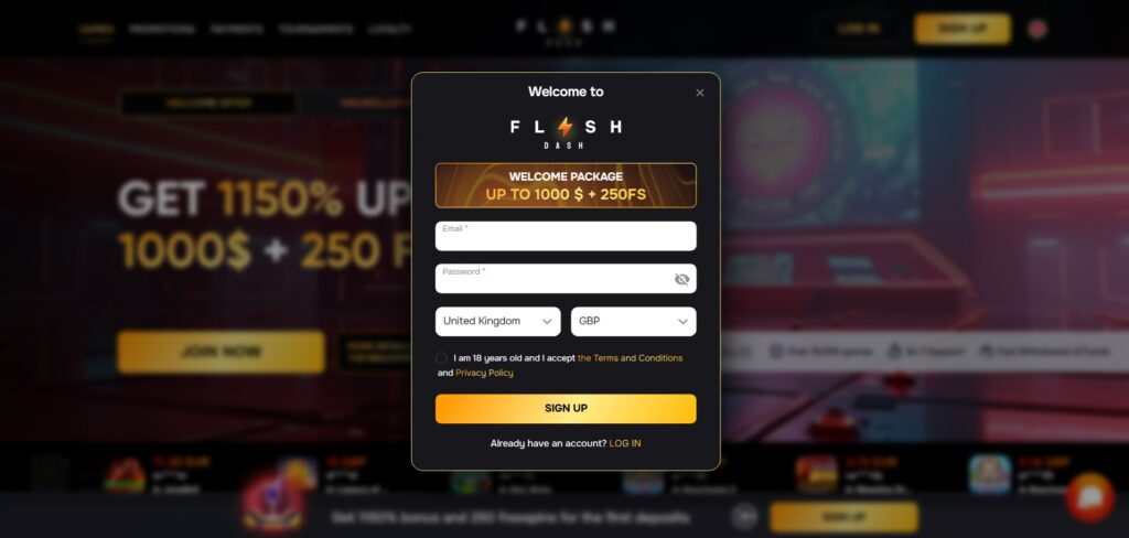 Discover FlashDash Casino sign up page