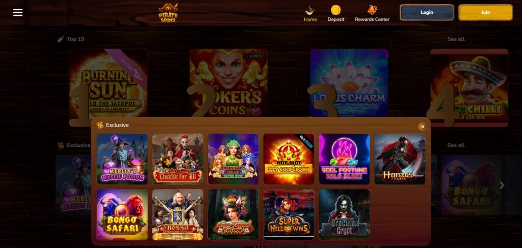 Explore exclusive games at Pirate Spins Casino