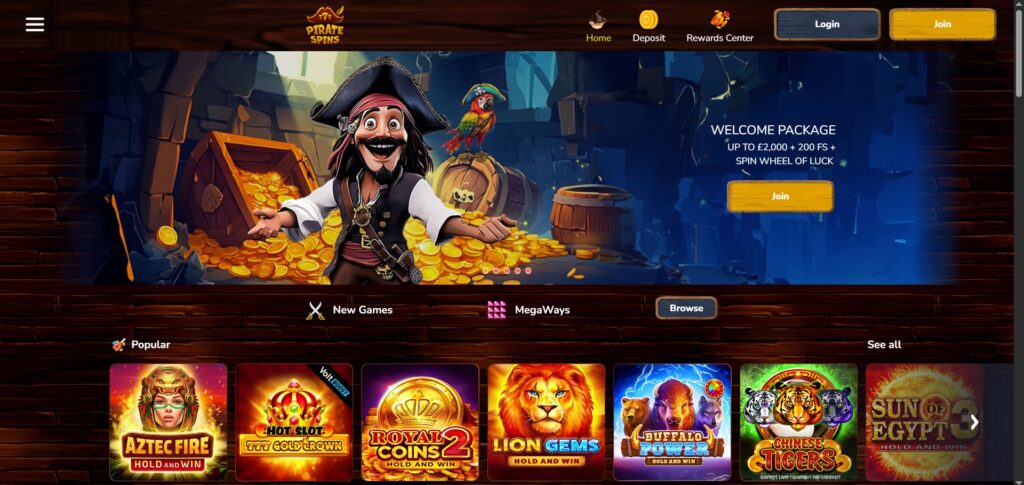Explore home page at Pirate Spins Casino