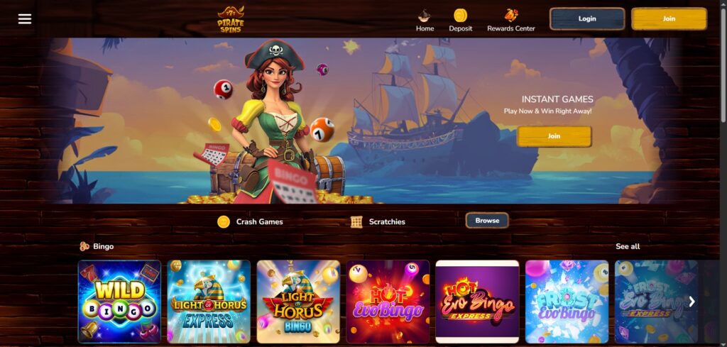 Explore instant games at Pirate Spins Casino