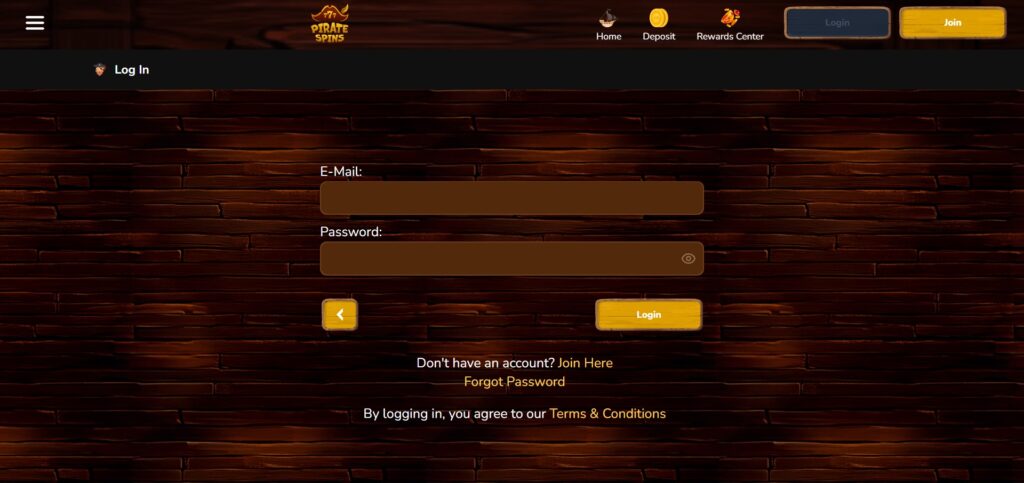Explore log in page at Pirate Spins Casino