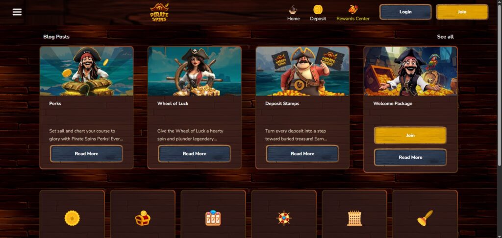Explore promotions page at Pirate Spins Casino